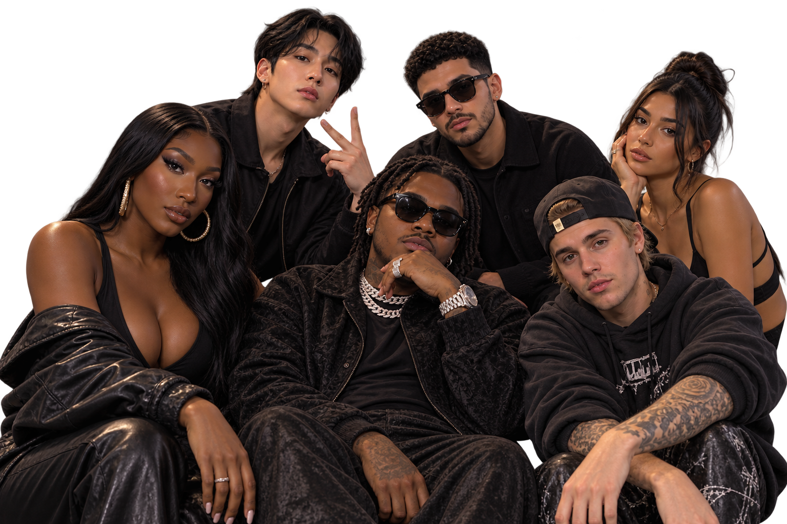 A collective of contemporary artists in a dark editorial portrait